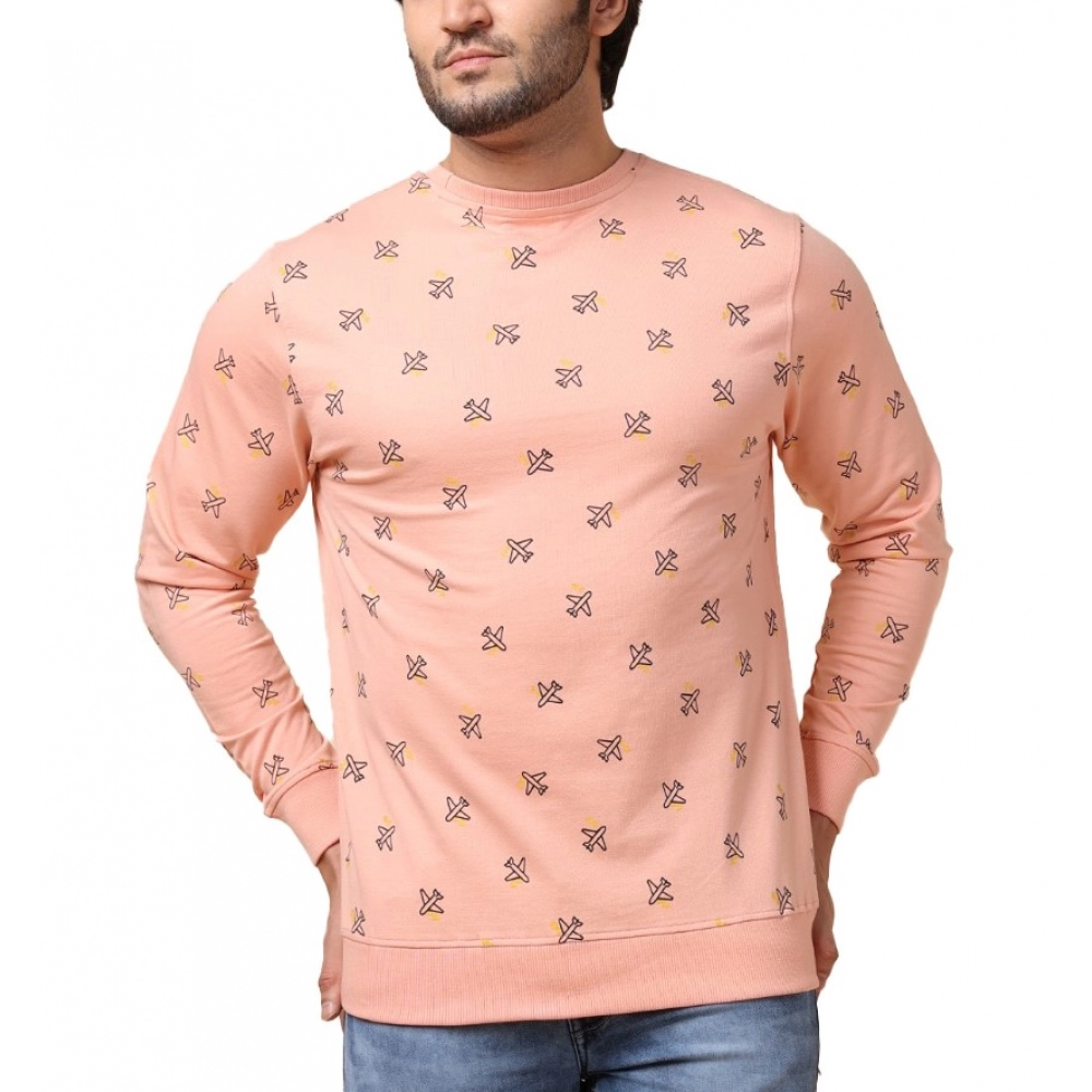 Men's Casual Cotton Printed Round Neck Full Sleeve Sweat T-Shirt (Peach)