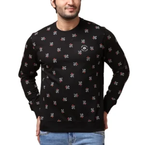 Men's Casual Cotton Printed Round Neck Full Sleeve Sweat T-Shirt (Black)