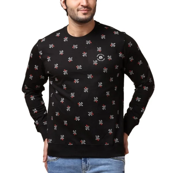 Men's Casual Cotton Printed Round Neck Full Sleeve Sweat T-Shirt (Black)