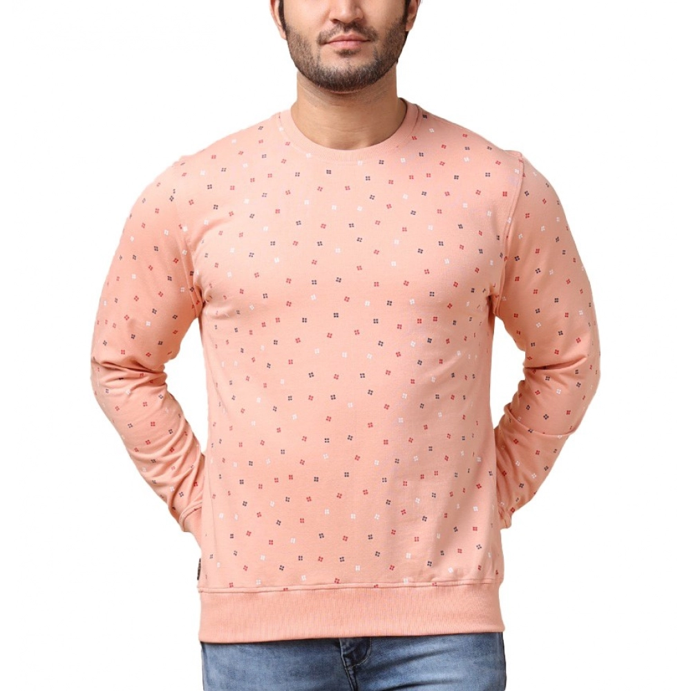 Men's Casual Cotton Printed Round Neck Full Sleeve Sweat T-Shirt (Peach)