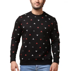 Men's Casual Cotton Printed Round Neck Full Sleeve Sweat T-Shirt (Black)