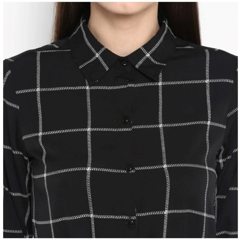 Alternative view of Women's Polyester Checkered Roll Up Sleeve Above Knee Dress (Black - White)