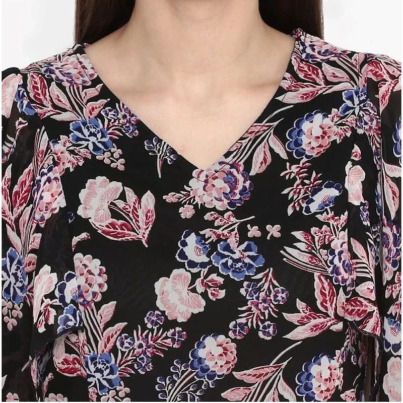 Alternative view of Women's Polyester Floral Short Sleeve Knee-Length Dress (Black - Multicolor)