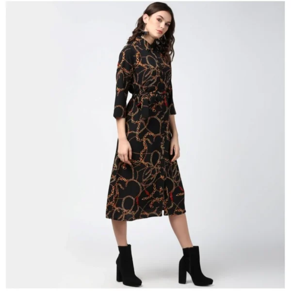 Generic Women's Polyester Chain Print Roll Up Sleeve Below Knee Dress (Black - Yellow) - Image 4