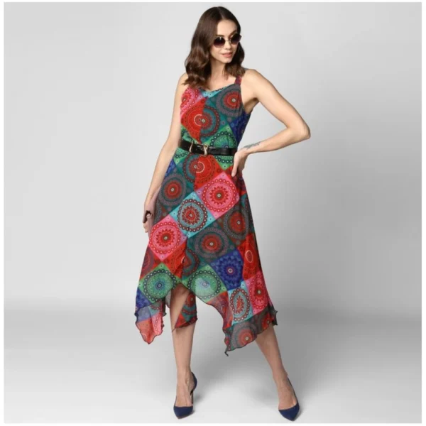 Generic Women's Polyester Asymmetrical Shoulder Straps Knee-Length Dress (Multicolor) - Image 6
