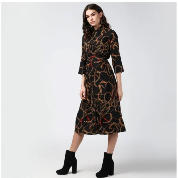 Generic Women's Polyester Chain Print Roll Up Sleeve Below Knee Dress (Black - Yellow) - Image 3