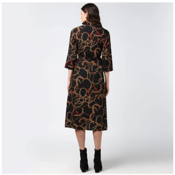 Generic Women's Polyester Chain Print Roll Up Sleeve Below Knee Dress (Black - Yellow) - Image 7