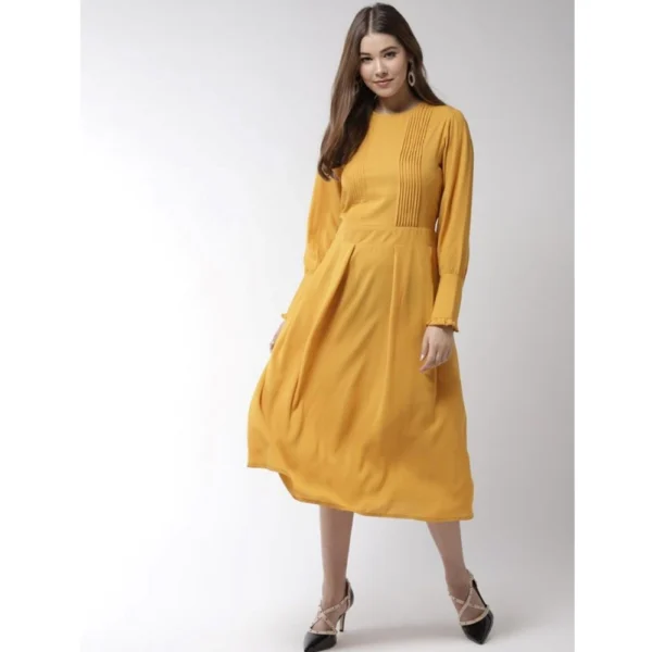 Generic Women's Polyester Pintuck Long Sleeves Below Knee Dress (Yellow) - Image 3