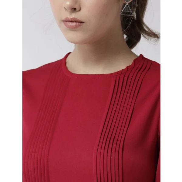 Generic Women's Polyester Pintuck Long Sleeves Below Knee Dress (Red) - Image 2