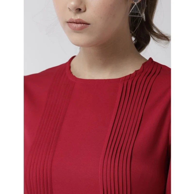 Alternative view of Women's Polyester Pintuck Long Sleeves Below Knee Dress (Red)