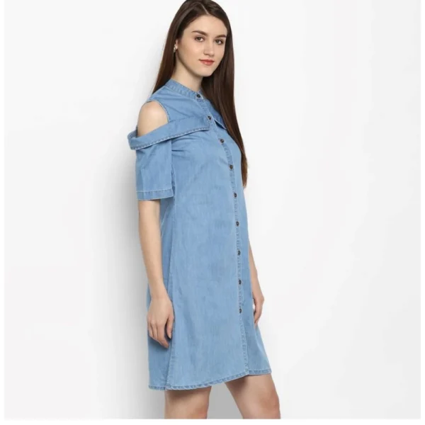 Women's Denim Solid Cold Shoulder Above Knee Dress (Blue) - Image 4