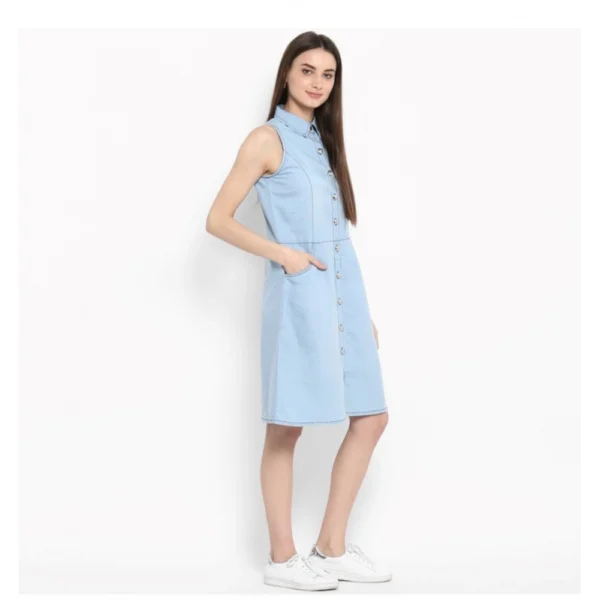 Generic Women's Denim Solid Sleeveless Below Knee Dress (Blue) - Image 4