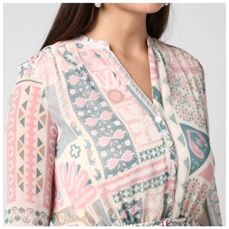 Alternative view of Women's Polyester Printed Long Sleeves Above Knee Dress (Light Pink - Off White)