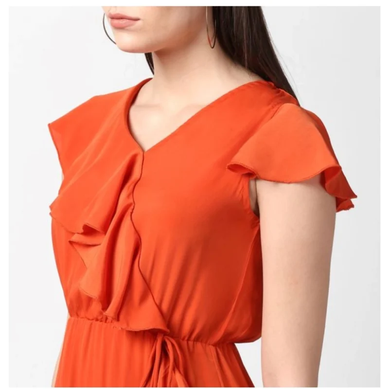 Alternative view of Women's Polyester Ruffled Cap Sleeve Knee-Length Dress (Orange)