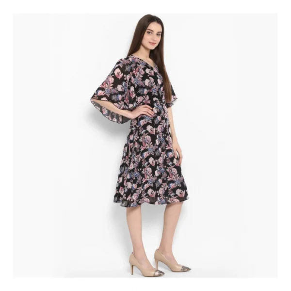 Generic Women's Polyester Floral Short Sleeve Knee-Length Dress (Black - Multicolor) - Image 4