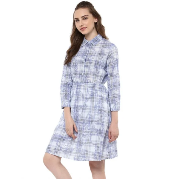 Generic Women's Cotton Checkered Roll Up Sleeve Above Knee Dress (Blue) - Image 3
