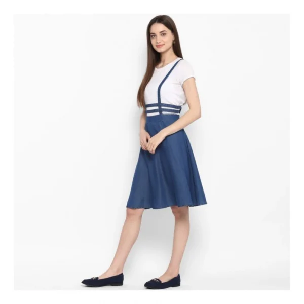 Generic Women's Denim Solid Shoulder Straps Below Knee Dress (Blue) - Image 3