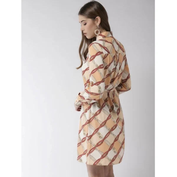 Generic Women's Polyester Printed Roll Up Sleeve Above Knee Dress (Off White - Brown) - Image 5