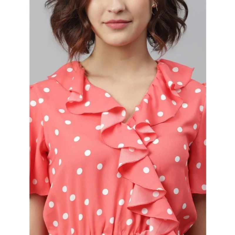 Alternative view of Women's Polyester Polka Flutter Above Knee Dress (Coral)