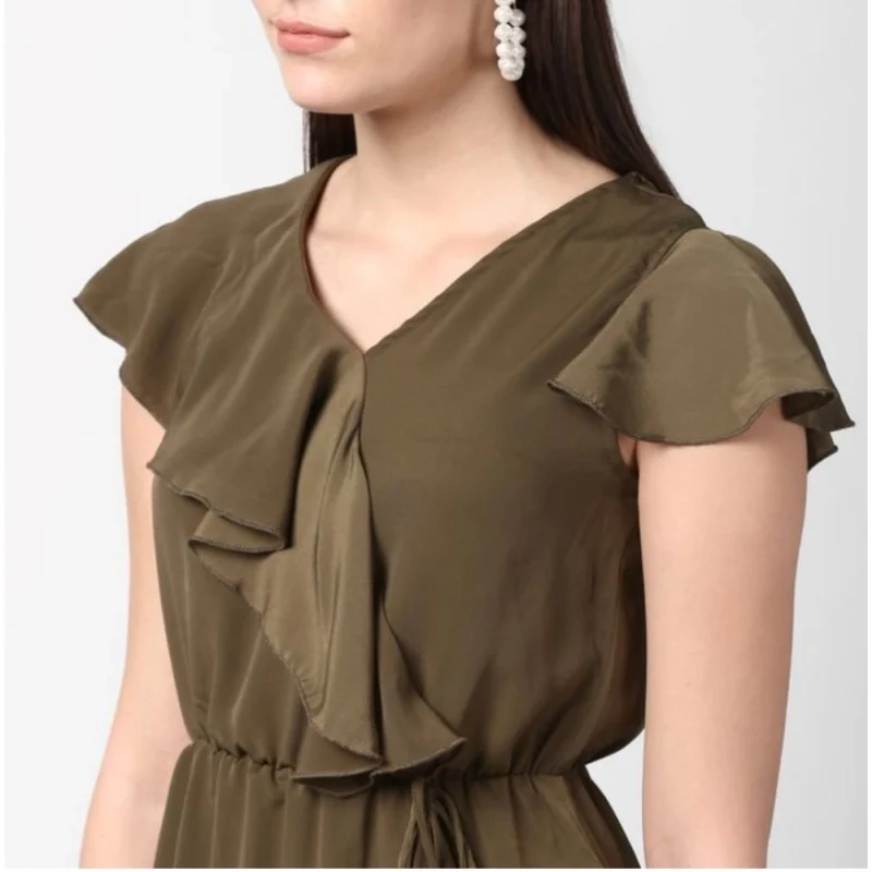 Alternative view of Women's Polyester Ruffled Cap Sleeve Knee-Length Dress (Olive)