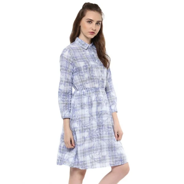 Generic Women's Cotton Checkered Roll Up Sleeve Above Knee Dress (Blue) - Image 4