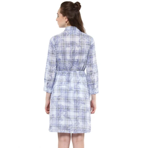 Generic Women's Cotton Checkered Roll Up Sleeve Above Knee Dress (Blue) - Image 7