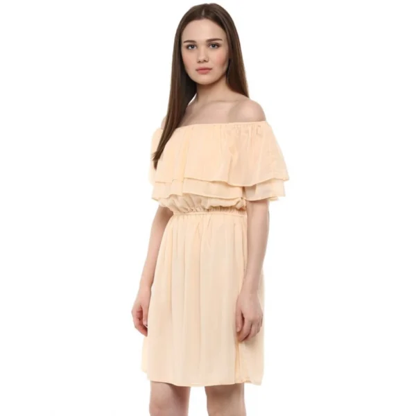 Generic Women's Polyester Solid Sleeveless Knee-Length Dress (Beige) - Image 3