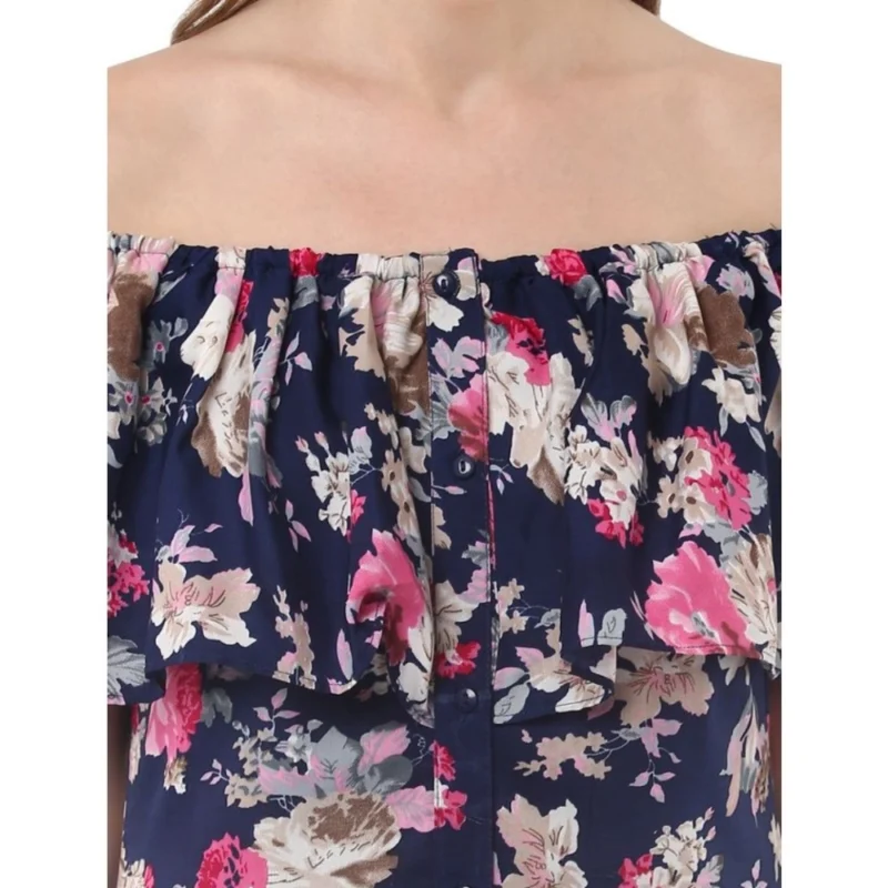 Alternative view of Women's Polyester Crepe Floral Half Sleeve Above Knee Dress (Navy Blue)