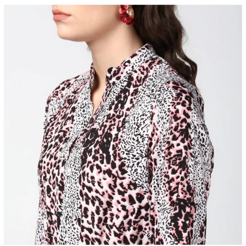 Alternative view of Women's Polyester Animal Print Bell Sleeve Above Knee Dress (Pink - Black)