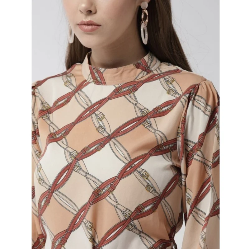 Alternative view of Women's Polyester Checkered Long Sleeves Above Knee Dress (Off White - Brown)