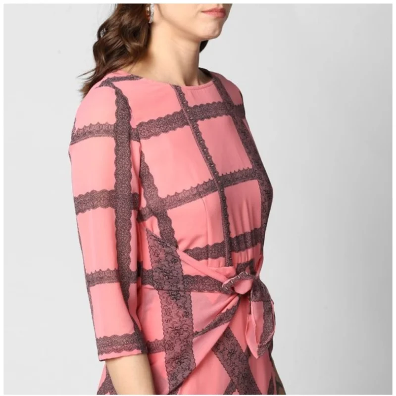 Alternative view of Women's Polyester Checkered 3-4th Sleeves Below Knee Dress (Pink - Black)