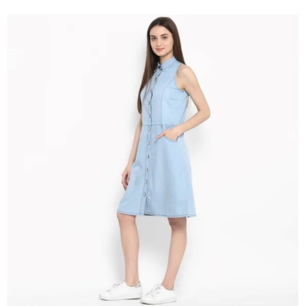 Generic Women's Denim Solid Sleeveless Below Knee Dress (Blue) - Image 3