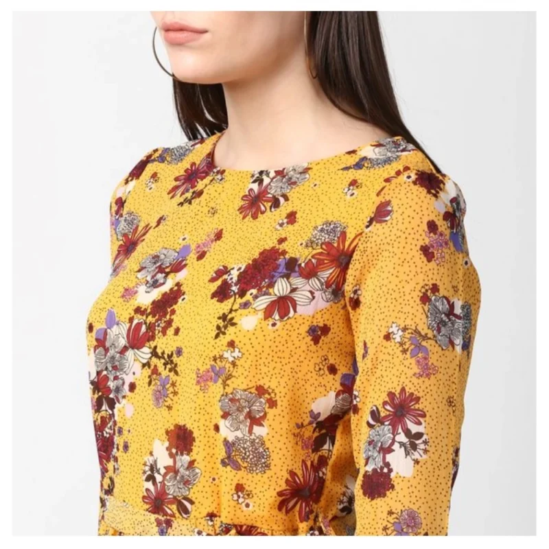 Alternative view of Women's Polyester Floral Long Sleeves Calf-length Dress (Yellow)