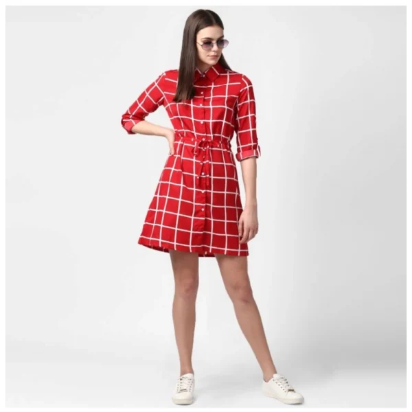 Generic Women's Polyester Checkered Long Sleeves Above Knee Dress (Red) - Image 6