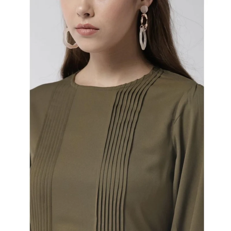 Alternative view of Women's Polyester Pintuck Long Sleeves Below Knee Dress (Olive)