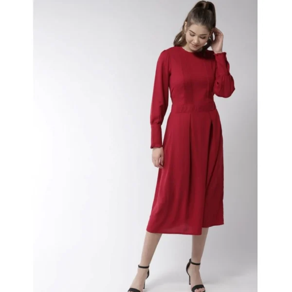 Generic Women's Polyester Pintuck Long Sleeves Below Knee Dress (Red) - Image 5