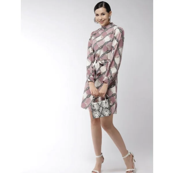 Generic Women's Polyester Checkered Long Sleeves Above Knee Dress (Off White - Lavender) - Image 5