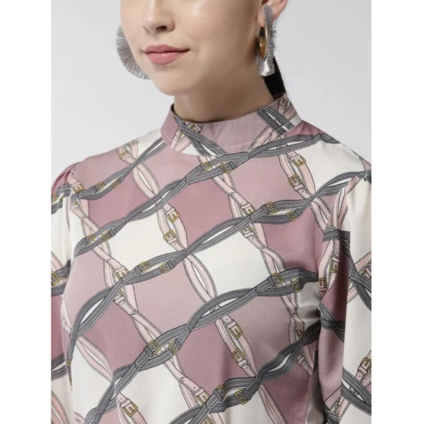 Generic Women's Polyester Checkered Long Sleeves Above Knee Dress (Off White - Lavender) - Image 2