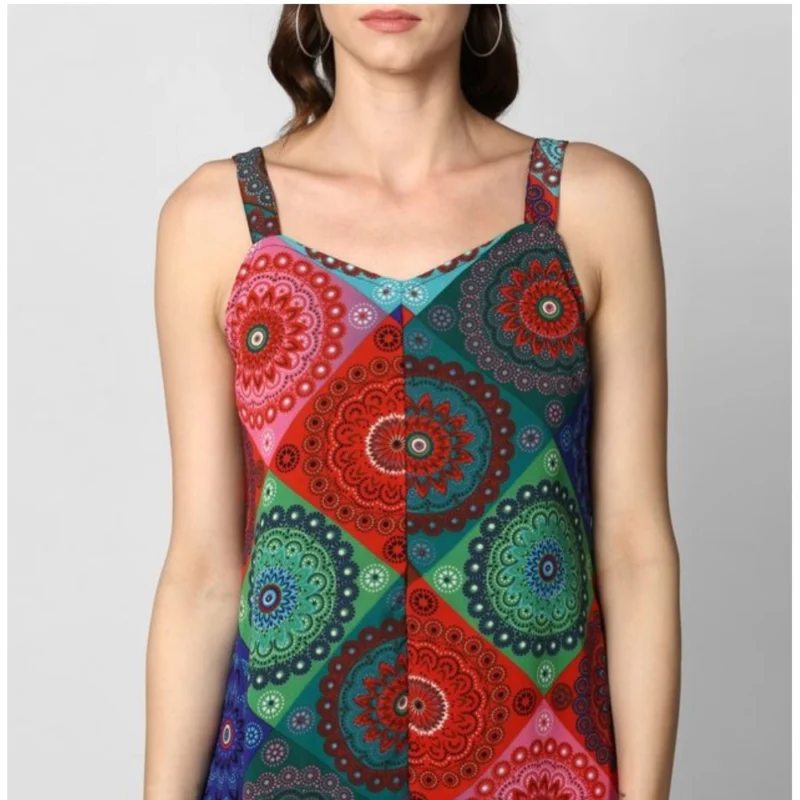 Alternative view of Women's Polyester Asymmetrical Shoulder Straps Knee-Length Dress (Multicolor)