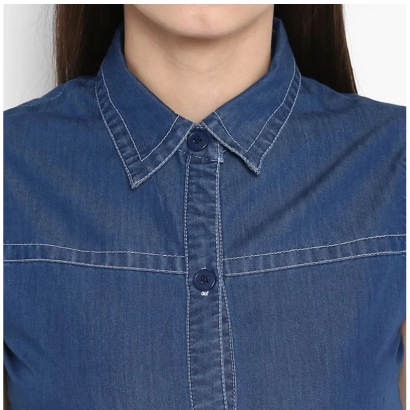 Alternative view of Women's Denim Solid Sleeveless Above Knee Dress (Blue)