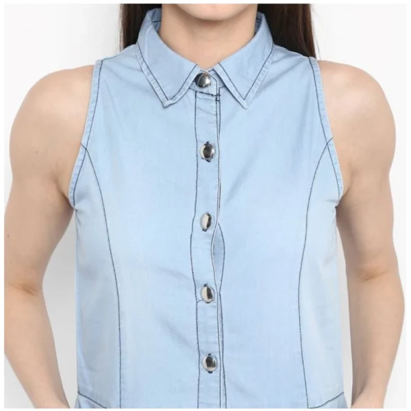 Generic Women's Denim Solid Sleeveless Below Knee Dress (Blue) - Image 2
