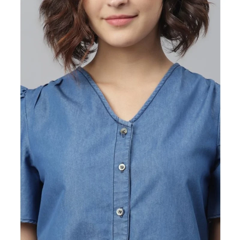 Alternative view of Women's Denim Solid Flutter Above Knee Dress (Blue)