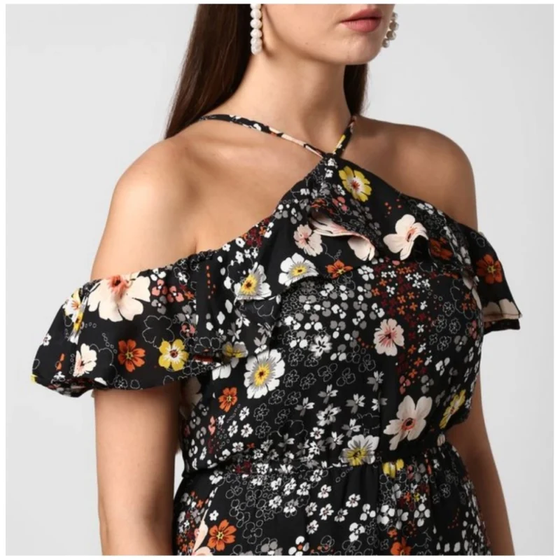 Alternative view of Women's Polyester Floral Cold Shoulder Above Knee Dress (Black)