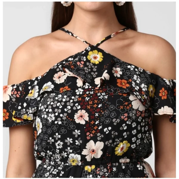 Women's Polyester Floral Cold Shoulder Above Knee Dress (Black) - Image 3