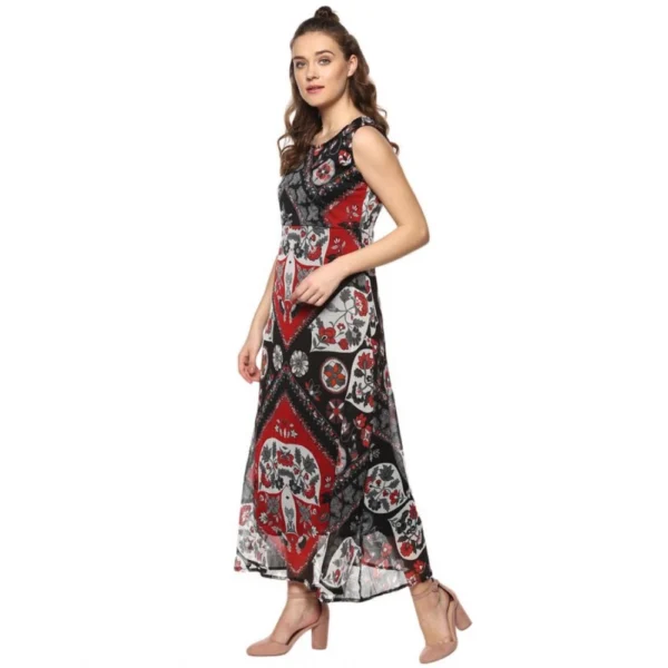 Women's Polyester Printed Sleeveless Dress (Red - Black) - Image 3