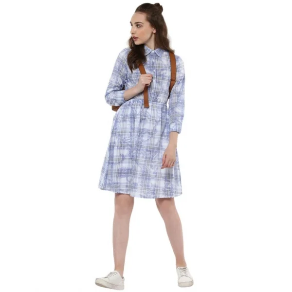 Generic Women's Cotton Checkered Roll Up Sleeve Above Knee Dress (Blue) - Image 6