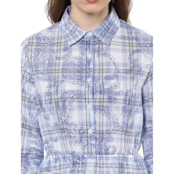 Generic Women's Cotton Checkered Roll Up Sleeve Above Knee Dress (Blue) - Image 2