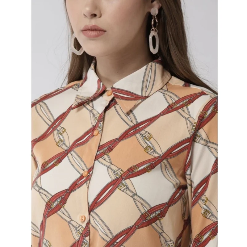 Alternative view of Women's Polyester Printed Roll Up Sleeve Above Knee Dress (Off White - Brown)