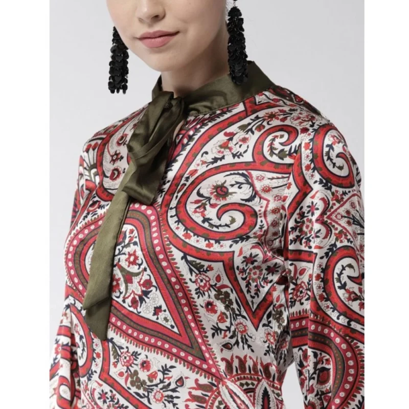 Alternative view of Women's Polyester Printed Long Sleeves Above Knee Dress (Red)