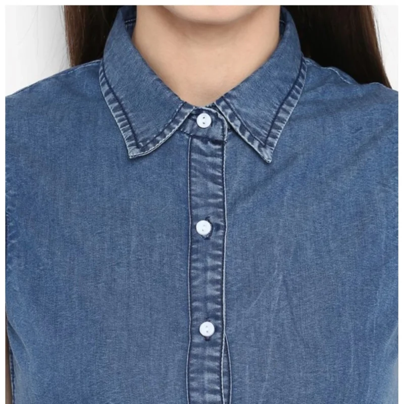 Alternative view of Women's Denim Solid Sleeveless Above Knee Dress (Blue)